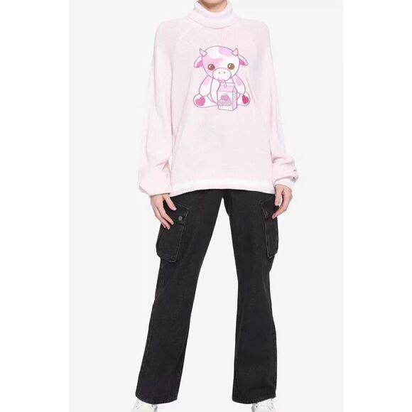 Hot Topic Strawberry Milk Cow Turtleneck Sweater Pink Medium Nwot - Picture 7 of 7